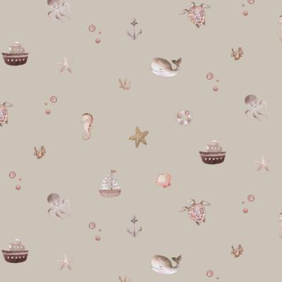 Tissu Popeline Poppy maritime digital fond beige